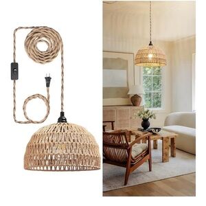 Natural Woven plug In Pendant Lamp - Jute Rattan Look